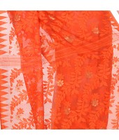 Desh Bidesh Women`s Bengal Handloom Tant Soft Dhakai Jamdani Cotton Saree Whole Body Design (Orange White)